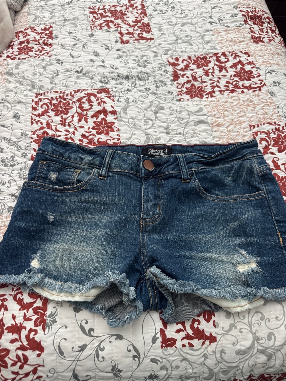Forever 21 Dark Blue Distressed Frayed Hem Jean Shorts